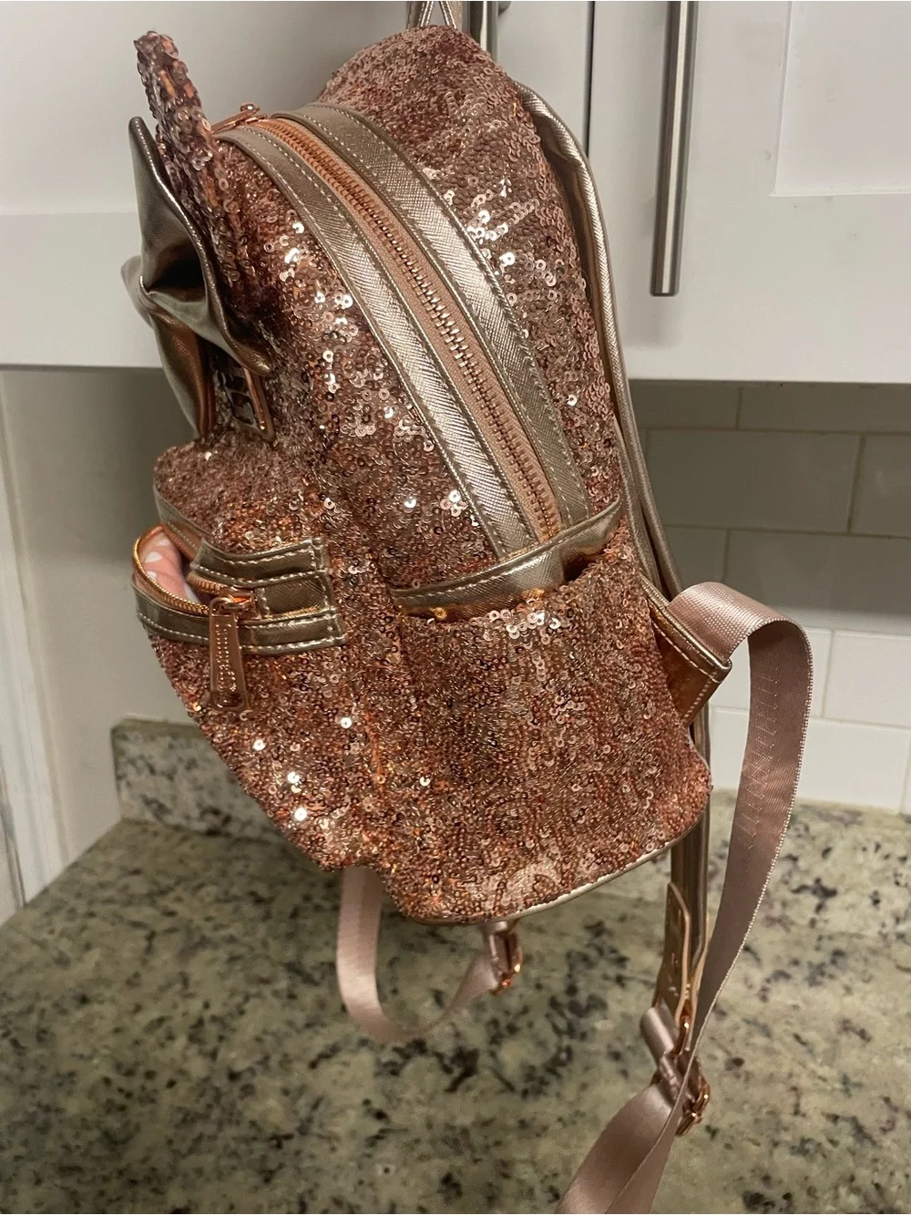Disney Parks Loungefly Rose Gold Sequined Minnie Mouse Mini Backpack collectible